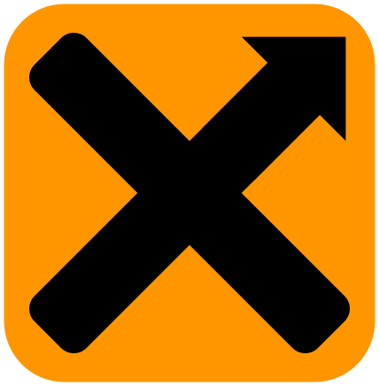 A black X with an arrow at one of the points on an orange background